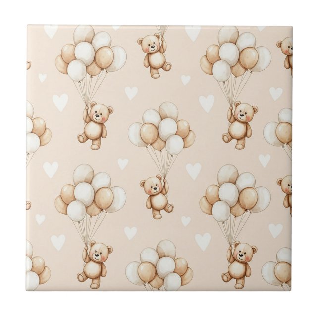 Teddy Bear Balloon Neutral Watercolor Pattern Ceramic Tile (Front)