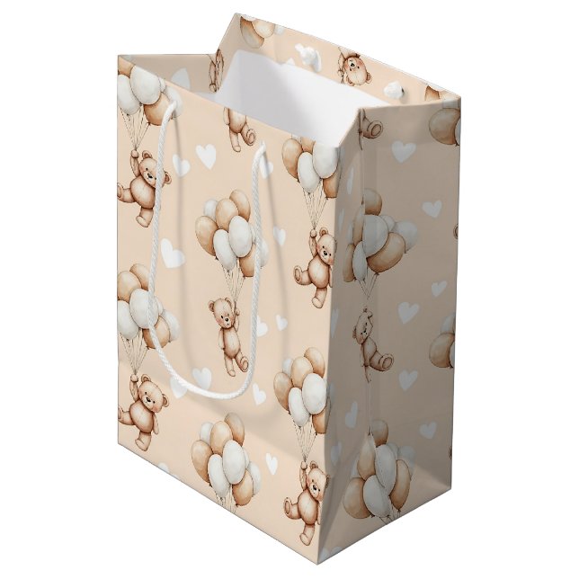 Teddy Bear Balloon Neutral Watercolor Pattern Medium Gift Bag (Front Angled)