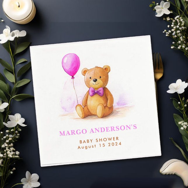 Teddy Bear Balloon Pastel Pink Brown Baby Shower Napkins (Creator Uploaded)