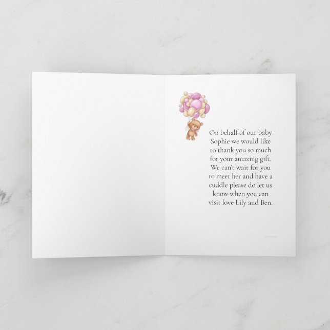 Teddy Bear Balloon PINK Amazing Gift Thank you Card (Inside)