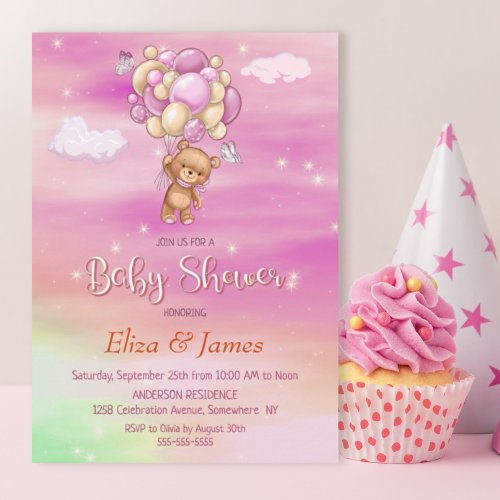 Teddy Bear Balloon Pink Baby Shower Invitation