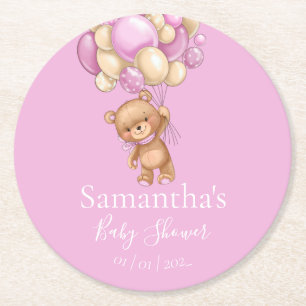 Teddy Bear Balloon Pink baby shower Round Paper Coaster