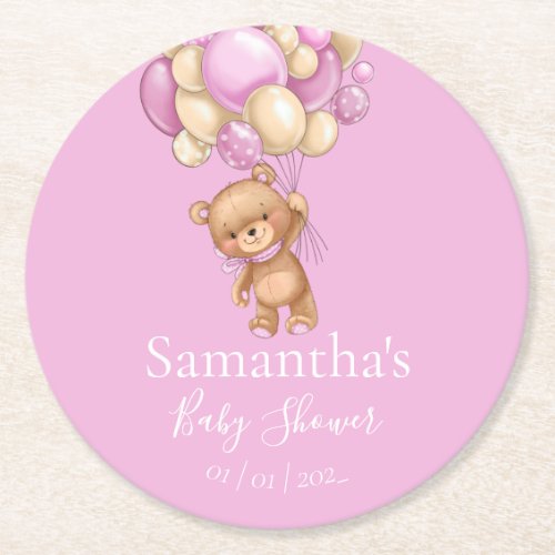 Teddy Bear Balloon Pink baby shower   Round Paper Coaster