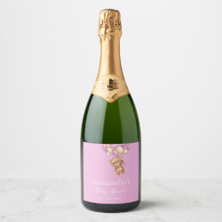 Teddy Bear Balloon Pink baby shower Sparkling Wine Label