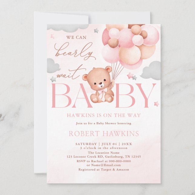 Teddy Bear Balloon Pink Bearly Wait Baby Shower Invitation (Front)