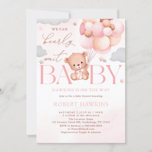 Teddy Bear Balloon Pink Bearly Wait Baby Shower Invitation