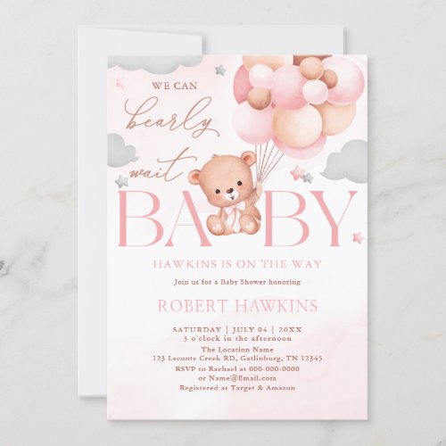 Teddy Bear Balloon Pink Bearly Wait Baby Shower Invitation
