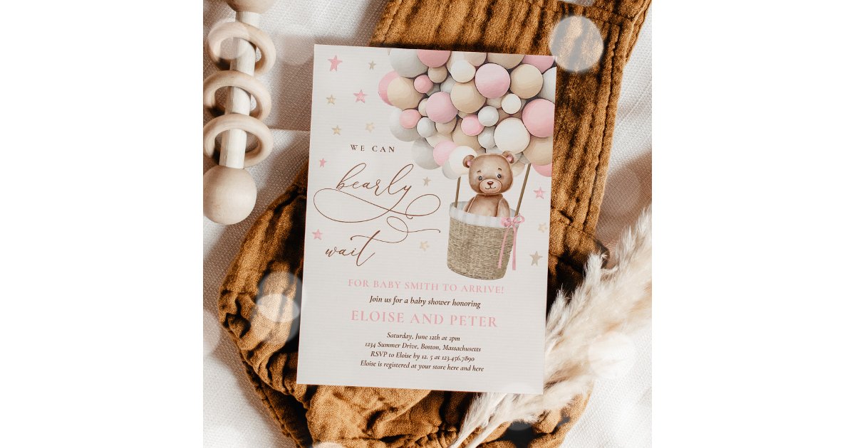 Teddy Bear Balloon Pink Bearly Wait Baby Shower Invitation | Zazzle