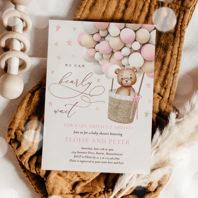 Teddy Bear Balloon Pink Bearly Wait Baby Shower Invitation | Zazzle