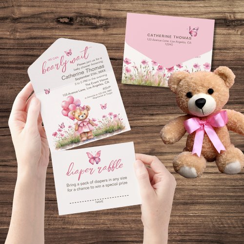 Teddy Bear Balloon Pink Butterfly Girl Baby Shower All In One Invitation