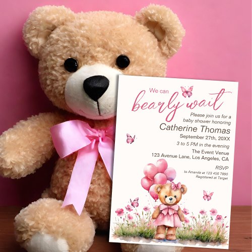 Teddy Bear Balloon Pink Butterfly Girl Baby Shower Invitation