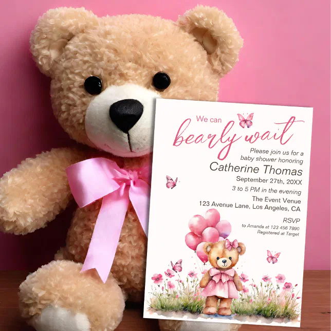 Teddy Bear Balloon Pink Butterfly Girl Baby Shower Invitation | Zazzle