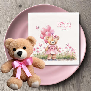 Teddy Bear Balloon Pink Butterfly Girl Baby Shower Napkins