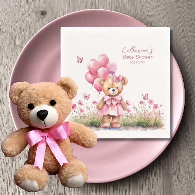 Teddy Bear Balloon Pink Butterfly Girl Baby Shower Napkins (Creator Uploaded)
