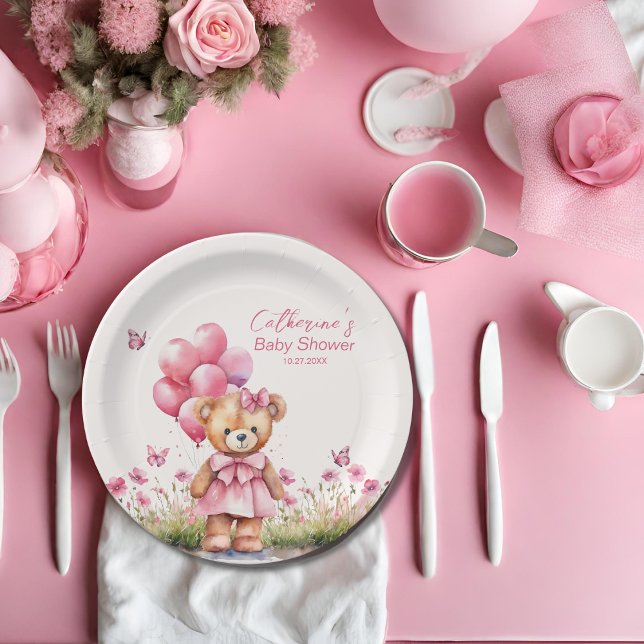 Teddy Bear Balloon Pink Butterfly Girl Baby Shower Paper Plates (Creator Uploaded)