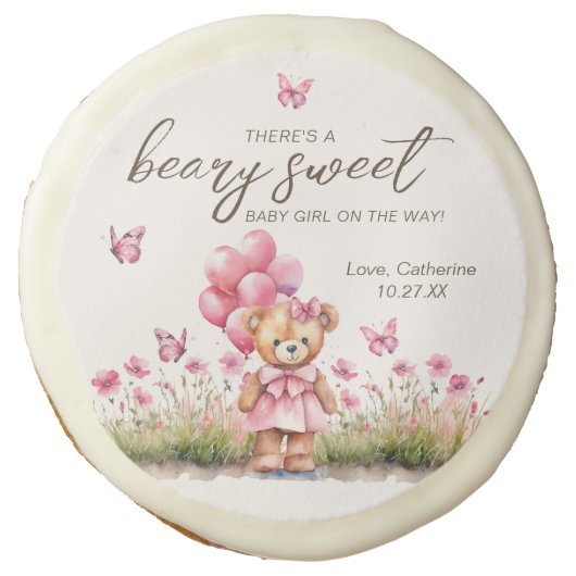 Teddy Bear Balloon Pink Butterfly Girl Baby Shower Sugar Cookie (Front)