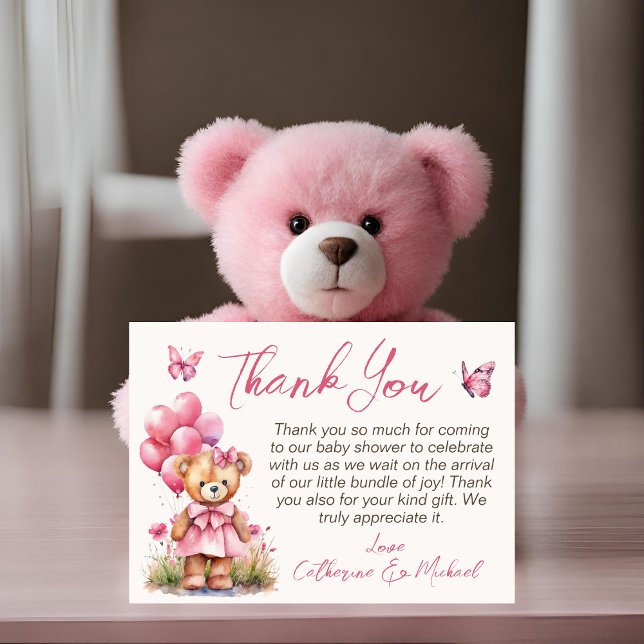 Teddy Bear Balloon Pink Butterfly Girl Baby Shower Thank You Card (Creator Uploaded)