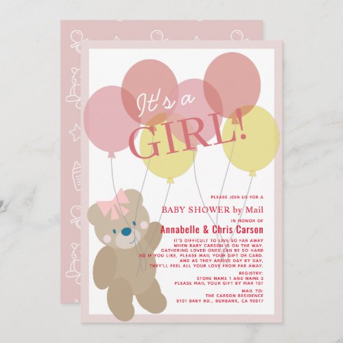 Teddy Bear Balloon Pink Girl Baby Shower by Mail Invitation