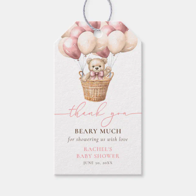 Teddy Bear Balloon Pink Girl Baby Shower Thank You Gift Tags | Zazzle