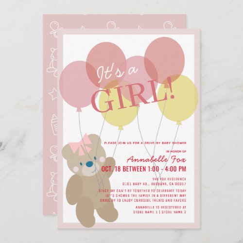 Teddy Bear Balloon Pink Girl Drive_by Baby Shower Invitation