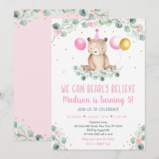 Teddy Bear Balloon Pink Gold Greenery Birthday Invitation (Front/Back)