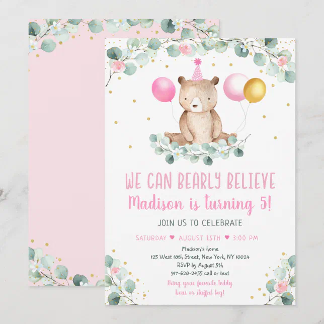 Teddy Bear Balloon Pink Gold Greenery Birthday Invitation | Zazzle