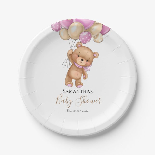 Teddy Bear Balloon PINK Paper Plates (Front)