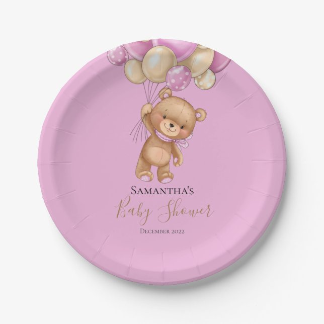 Teddy Bear Balloon PINK Paper Plates (Front)