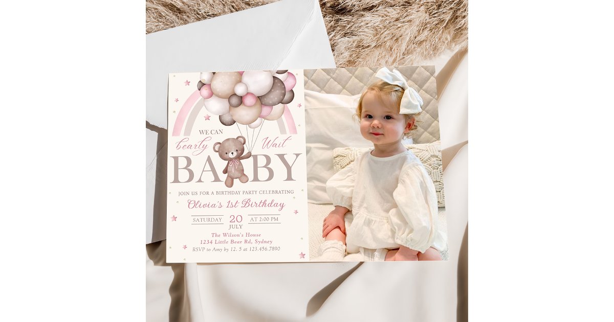 Teddy Bear Balloon Pink Rainbow Birthday Photo Invitation | Zazzle