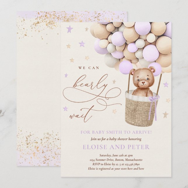 Teddy Bear Balloon Purple Girl Baby Shower Invitation (Front/Back)