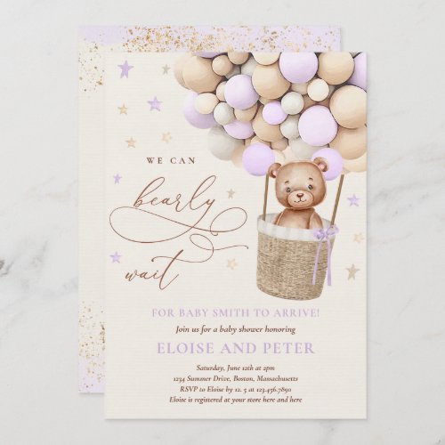 Teddy Bear Balloon Purple Girl Baby Shower Invitation