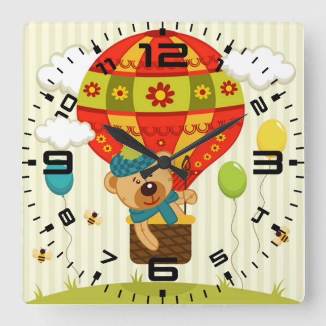 Teddy Bear Balloon Ride Square Wall Clock (Front)