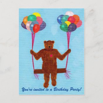 Teddy Bear Balloon Swing Birthday Invite Postcards by Cherylsart at Zazzle