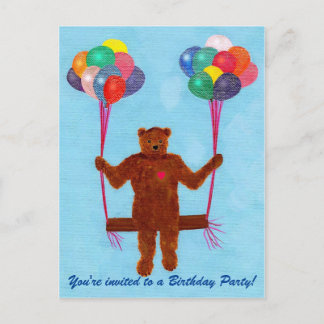 Teddy Bear Balloon Swing Birthday Invite Postcards