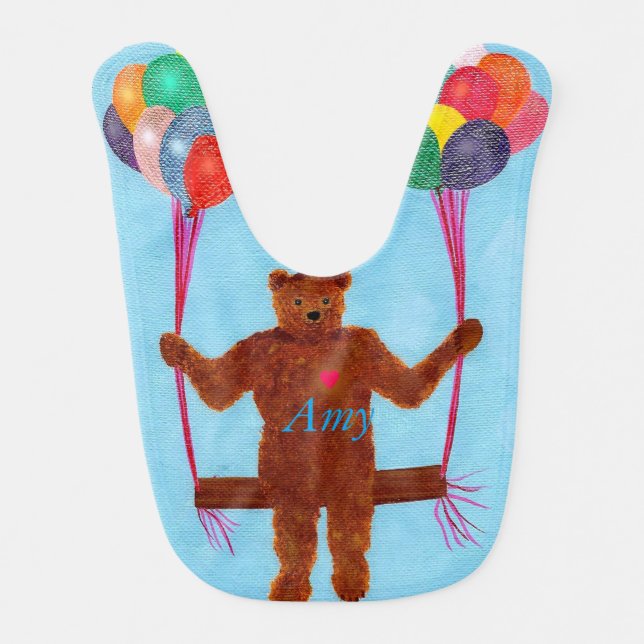 Teddy Bear Balloon Swing Personalized Baby Bibs (Front)