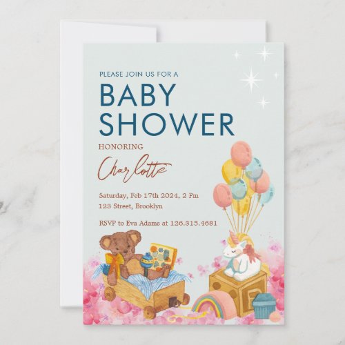 Teddy Bear Balloon Watercolor Baby Shower Invitation