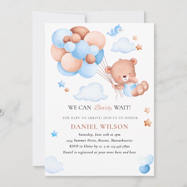 Teddy Bear Balloon We Can Bearly Wait Baby Shower Invitation (Front)