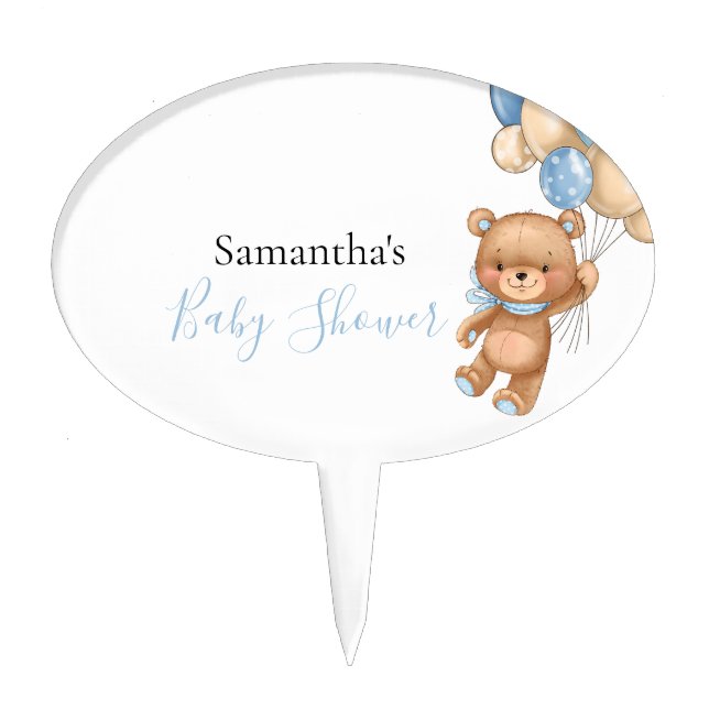 Teddy Bear Balloon White Blue Baby Shower  Cake Topper (Front)