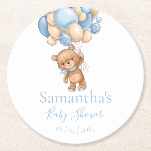 Teddy Bear Balloon White Blue baby shower   Round Paper Coaster