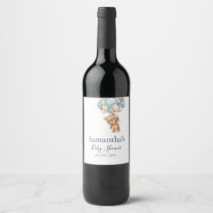 Teddy Bear Balloon White Blue baby shower Wine Label