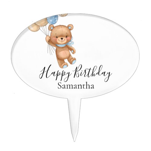 Teddy Bear Balloon White Blue Happy Birthday  Cake Topper