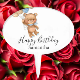 Teddy Bear Balloon White Blue Happy Birthday Cake Topper