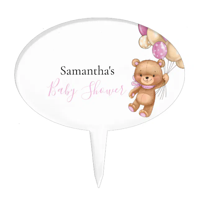 Teddy Bear Balloon White Pink Baby Shower Cake Topper | Zazzle