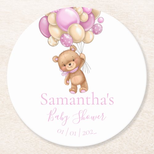 Teddy Bear Balloon White Pink baby shower  Round Paper Coaster