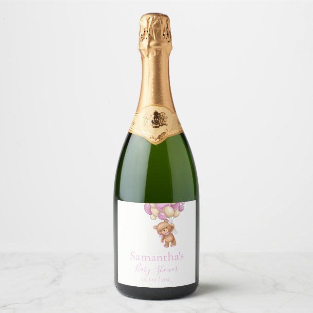 Teddy Bear Balloon White Pink baby shower Sparkling Wine Label (Front)