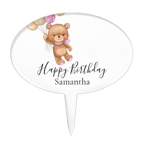 Teddy Bear Balloon White Pink Happy Birthday Cake Topper