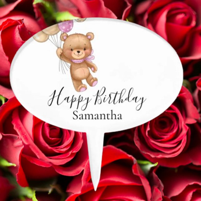 Teddy Bear Balloon White Pink Happy Birthday Cake Topper (Make birthdays extra special with this adorable teddy bear balloon white pink cake topper.)
