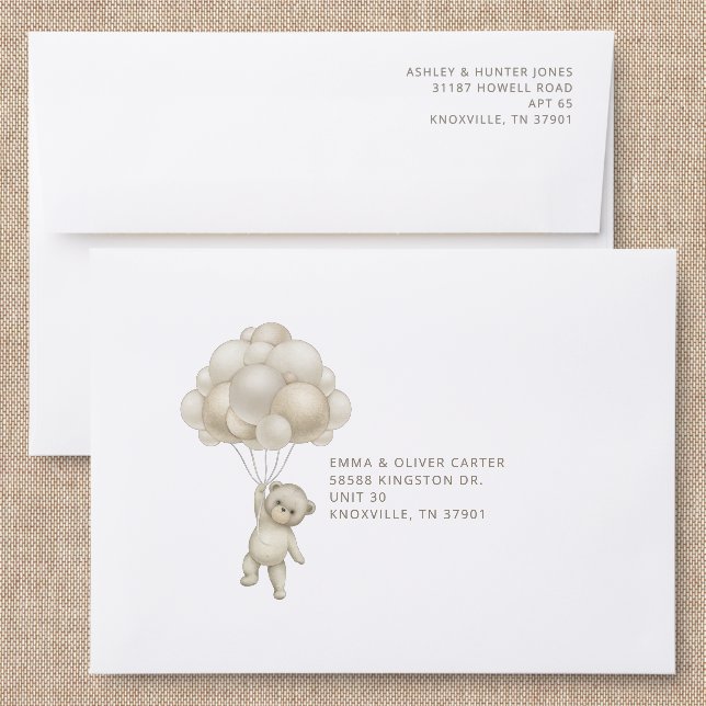 Teddy Bear & Balloons Addressed Envelopes (Linen)