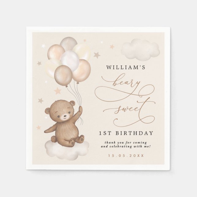 Teddy Bear & Balloons Apricot Cream Brown Birthday Napkins (Front)