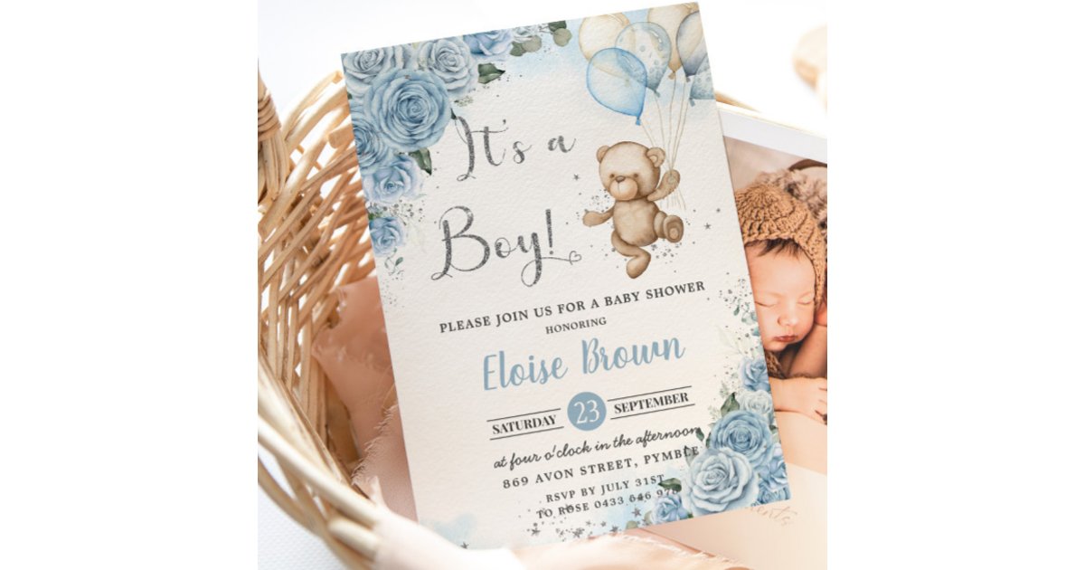Teddy Bear Balloons Baby Blue Floral Boy Shower Invitation | Zazzle